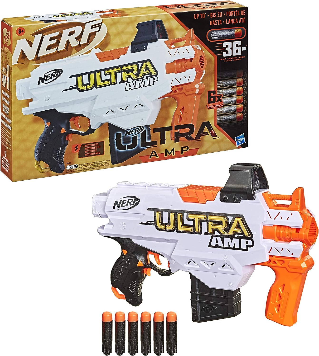 NERF Ultra Amp motorisierter Blaster, 6-Dart Clip-Magazin, 6 Ultra Darts